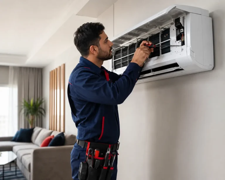 Technician inspecting a kitchen appliance