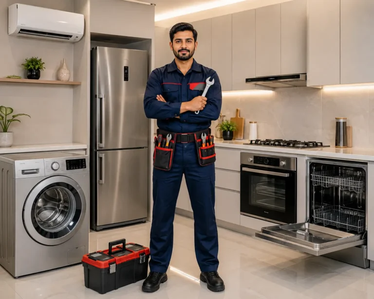 Appliance repair technician with household appliances