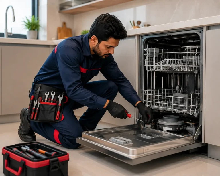 Technician repairing a dishwasher