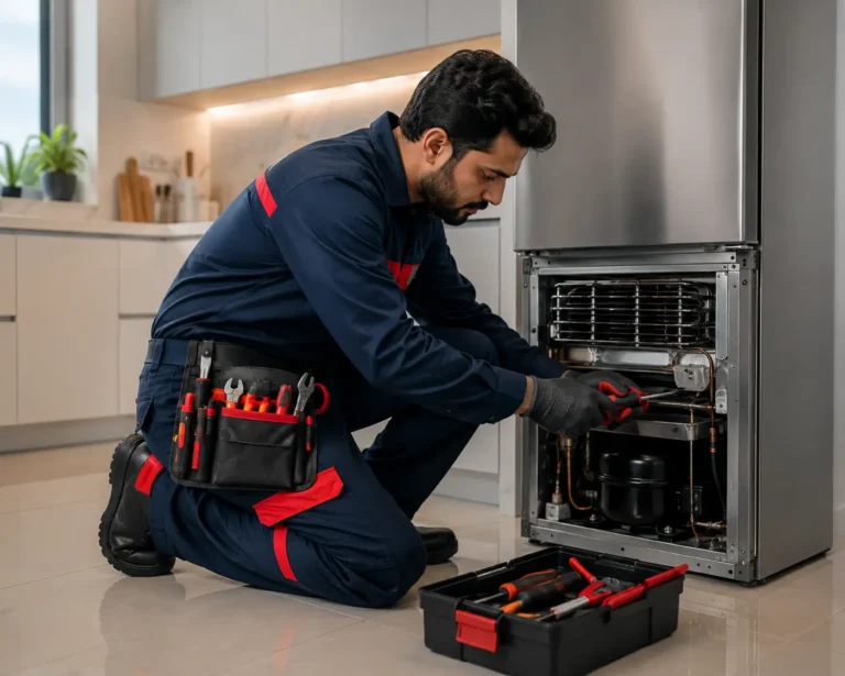 Technician inspecting a refrigerator in a Sharjah home