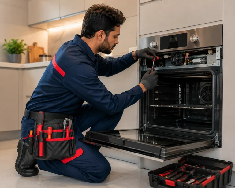 Technician repairing an oven