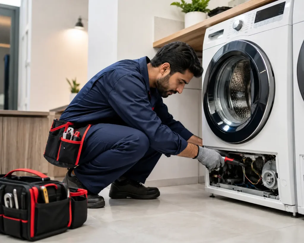 Technician repairing a front-loading washing machine