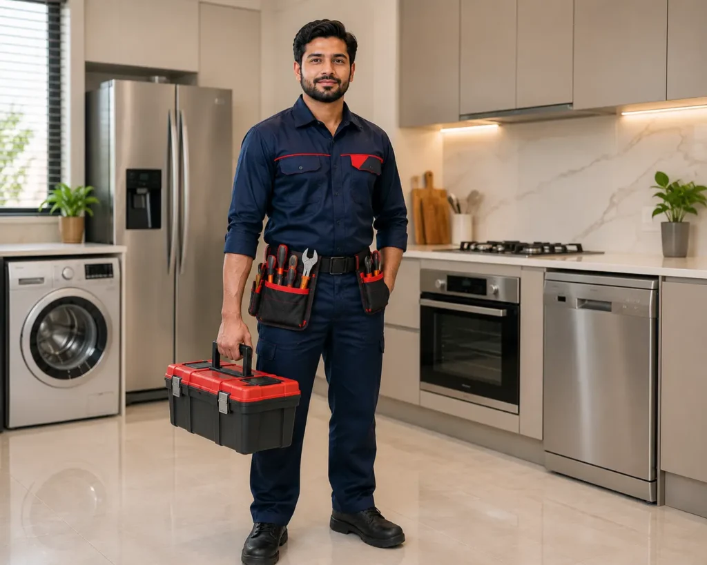 Appliance repair technician working on a household appliance